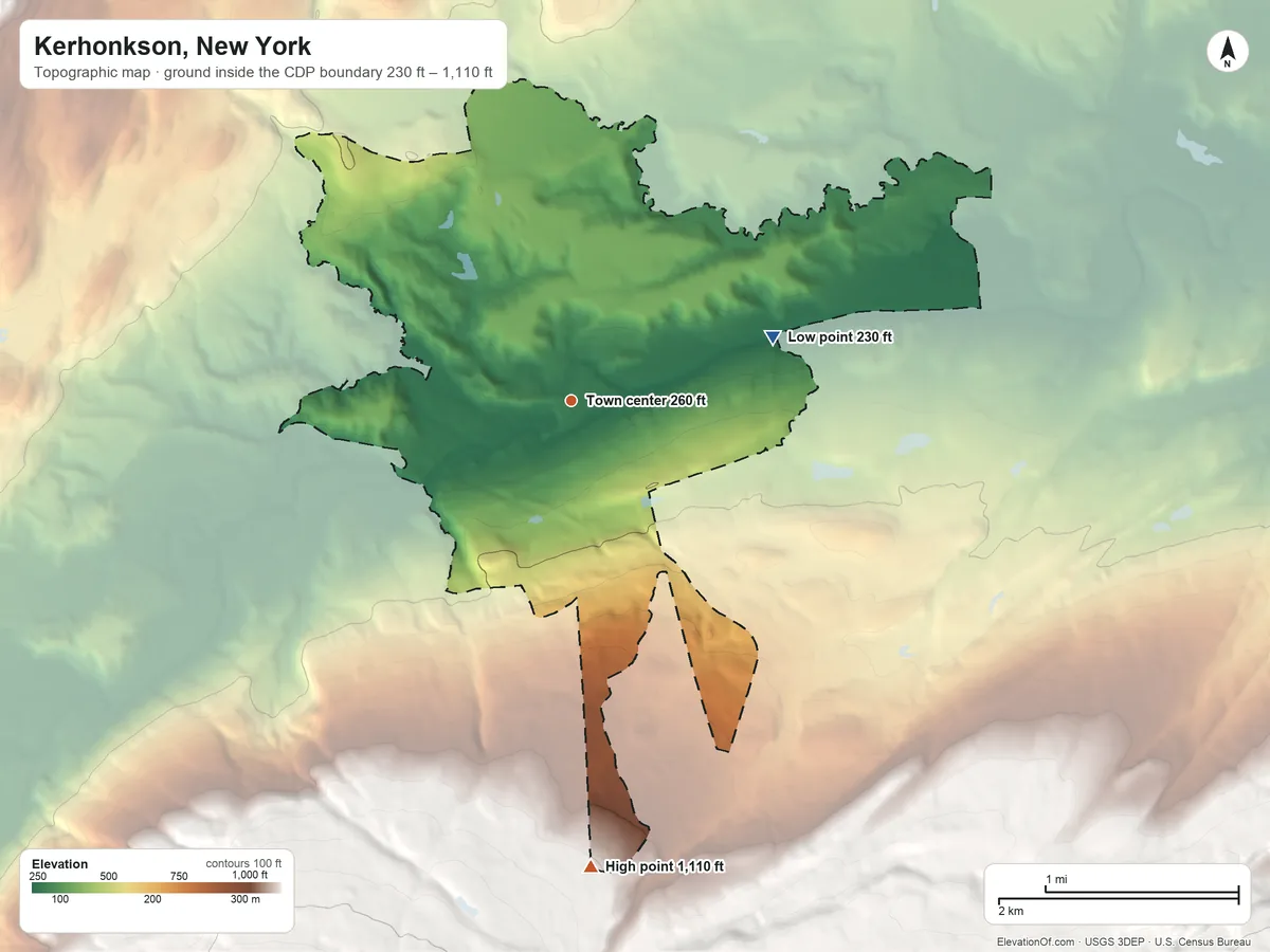 Topographic elevation map of Kerhonkson, New York, shaded from 230 ft on the east side to 1,110 ft at the foot of the Shawangunk Mountains