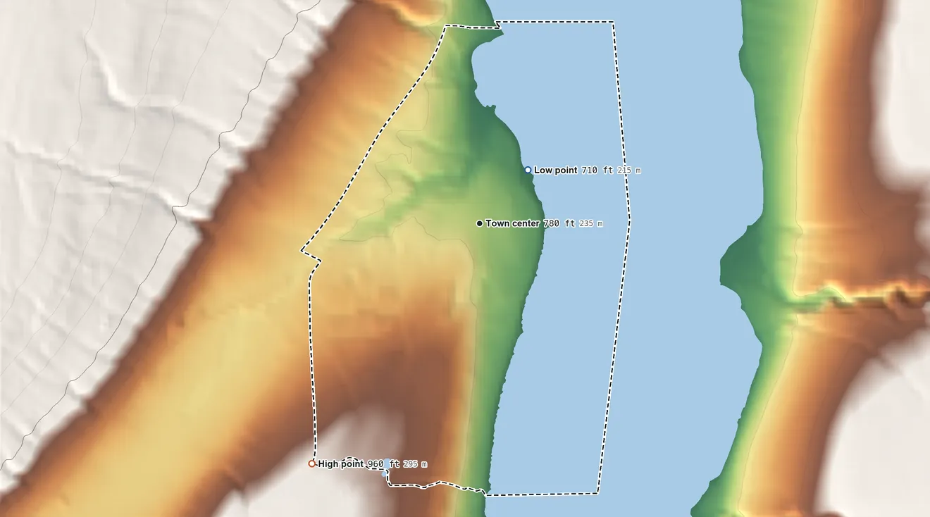 Topographic elevation map of Keuka Park, New York, shaded from 710 ft on the northeast side to 960 ft on the southwest edge, below higher ground just outside
