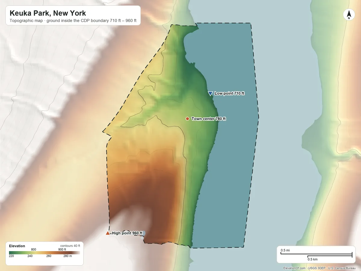 Topographic elevation map of Keuka Park, New York, shaded from 710 ft on the northeast side to 960 ft on the southwest edge, below higher ground just outside