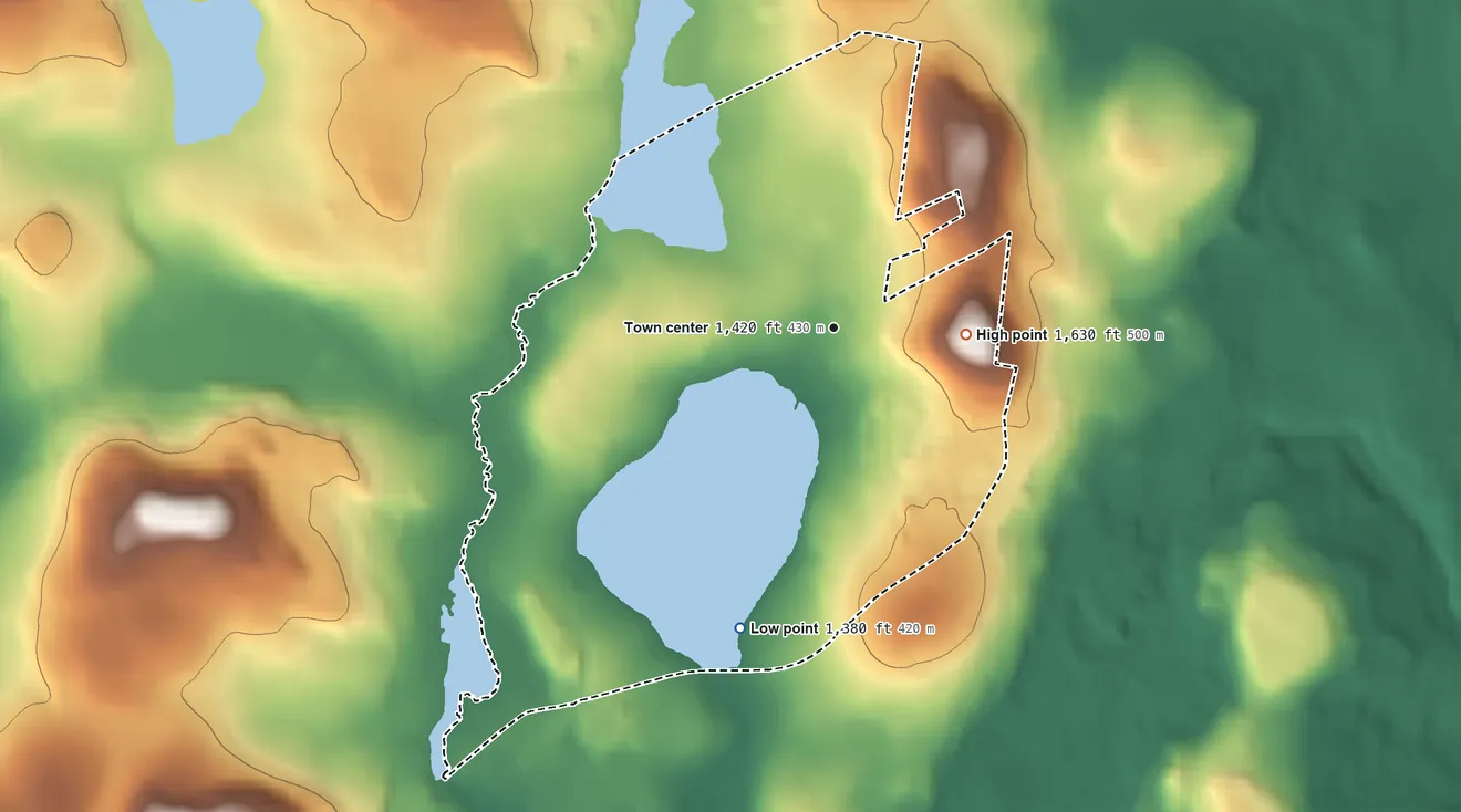 Topographic elevation map of Kiamesha Lake, New York, shaded from 1,380 ft on the south side to 1,630 ft on the east side