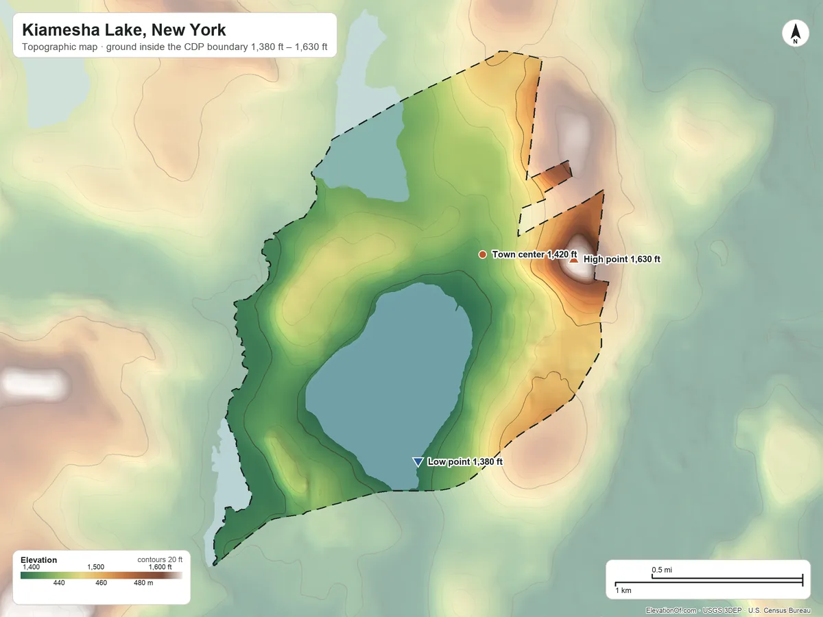 Topographic elevation map of Kiamesha Lake, New York, shaded from 1,380 ft on the south side to 1,630 ft on the east side