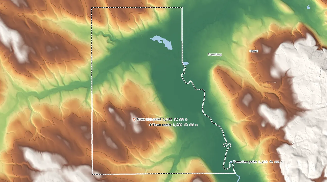 Topographic elevation map of Kiantone, New York, shaded from 1,230 ft on the southeast side to 1,640 ft near the middle