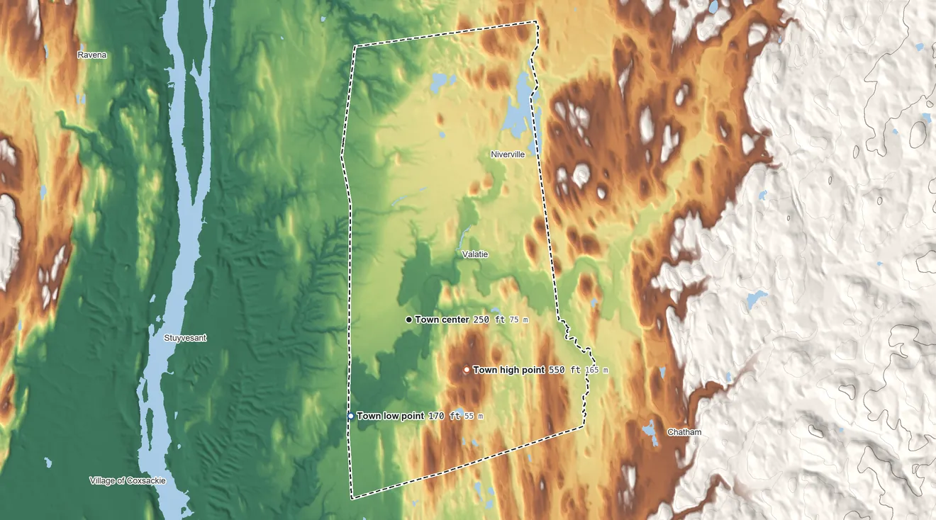 Topographic elevation map of Kinderhook, New York, shaded from 170 ft on the southwest side to 550 ft on the southeast side