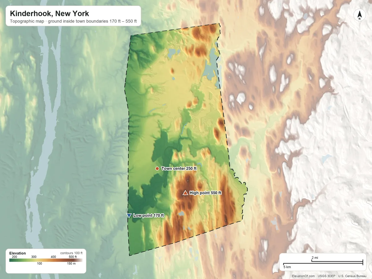 Topographic elevation map of Kinderhook, New York, shaded from 170 ft on the southwest side to 550 ft on the southeast side