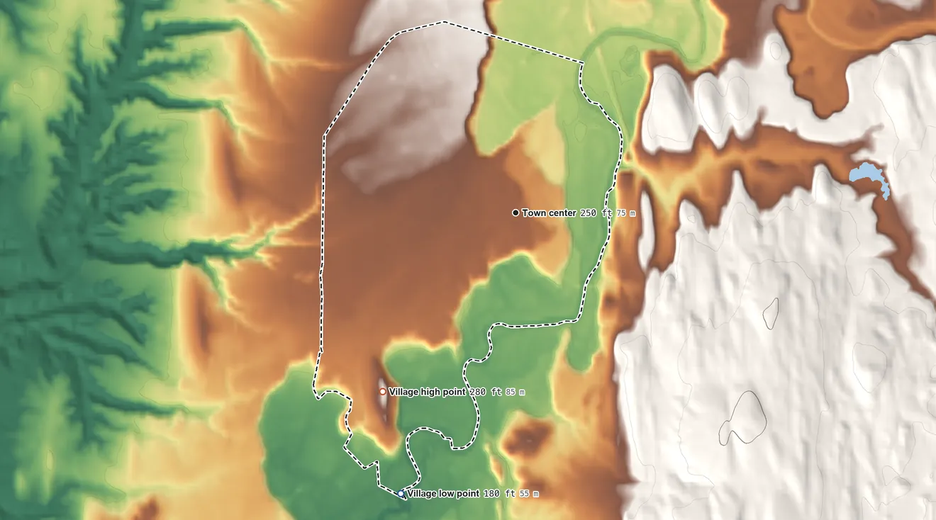 Topographic elevation map of Village of Kinderhook, New York, shaded from 180 ft on the south side to 280 ft on the southwest side