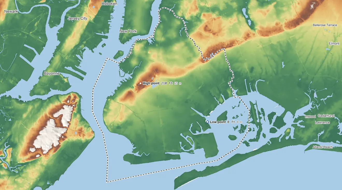 Topographic elevation map of Kings County, New York, shaded from sea level on Jamaica Bay to 210 ft on the west side
