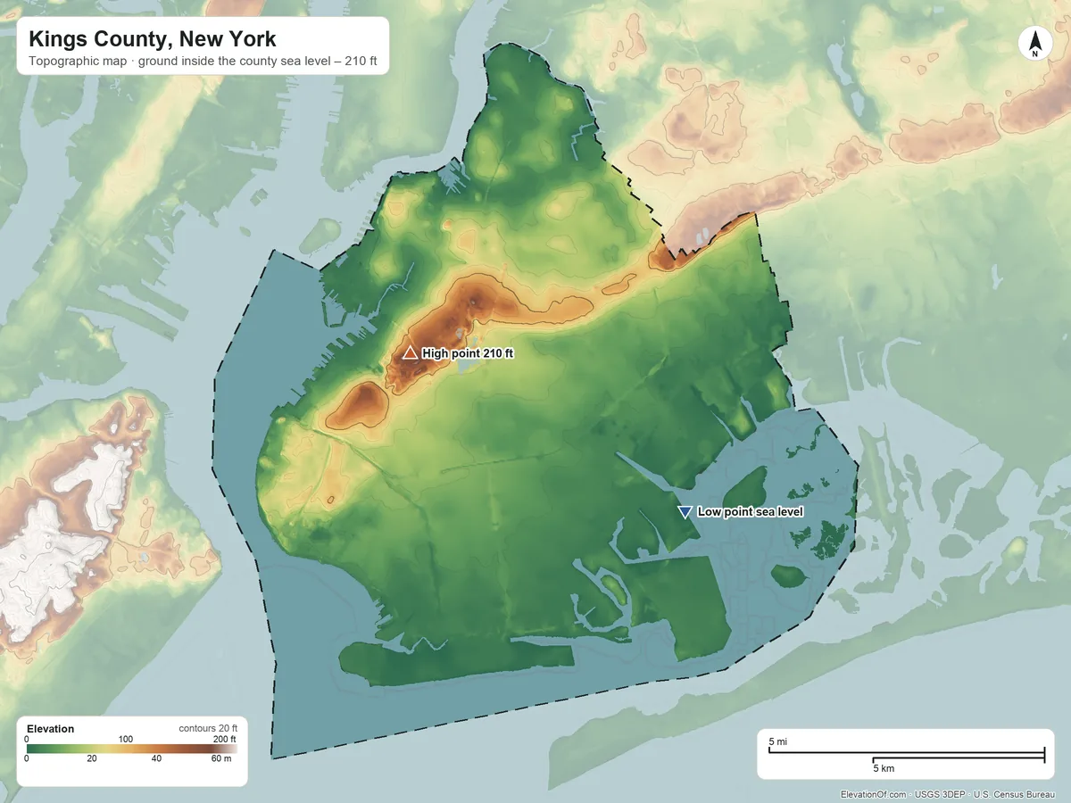Topographic elevation map of Kings County, New York, shaded from sea level on Jamaica Bay to 210 ft on the west side