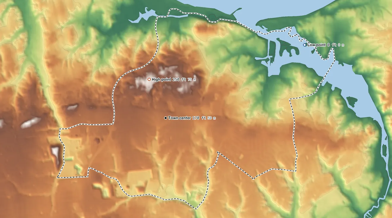 Topographic elevation map of Kings Park, New York, shaded from sea level level on the Flax Pond to 250 ft on the northwest side