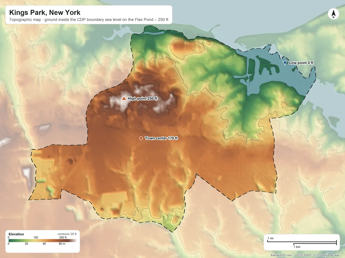 Topographic elevation map of Kings Park, New York, shaded from sea level level on the Flax Pond to 250 ft on the northwest side