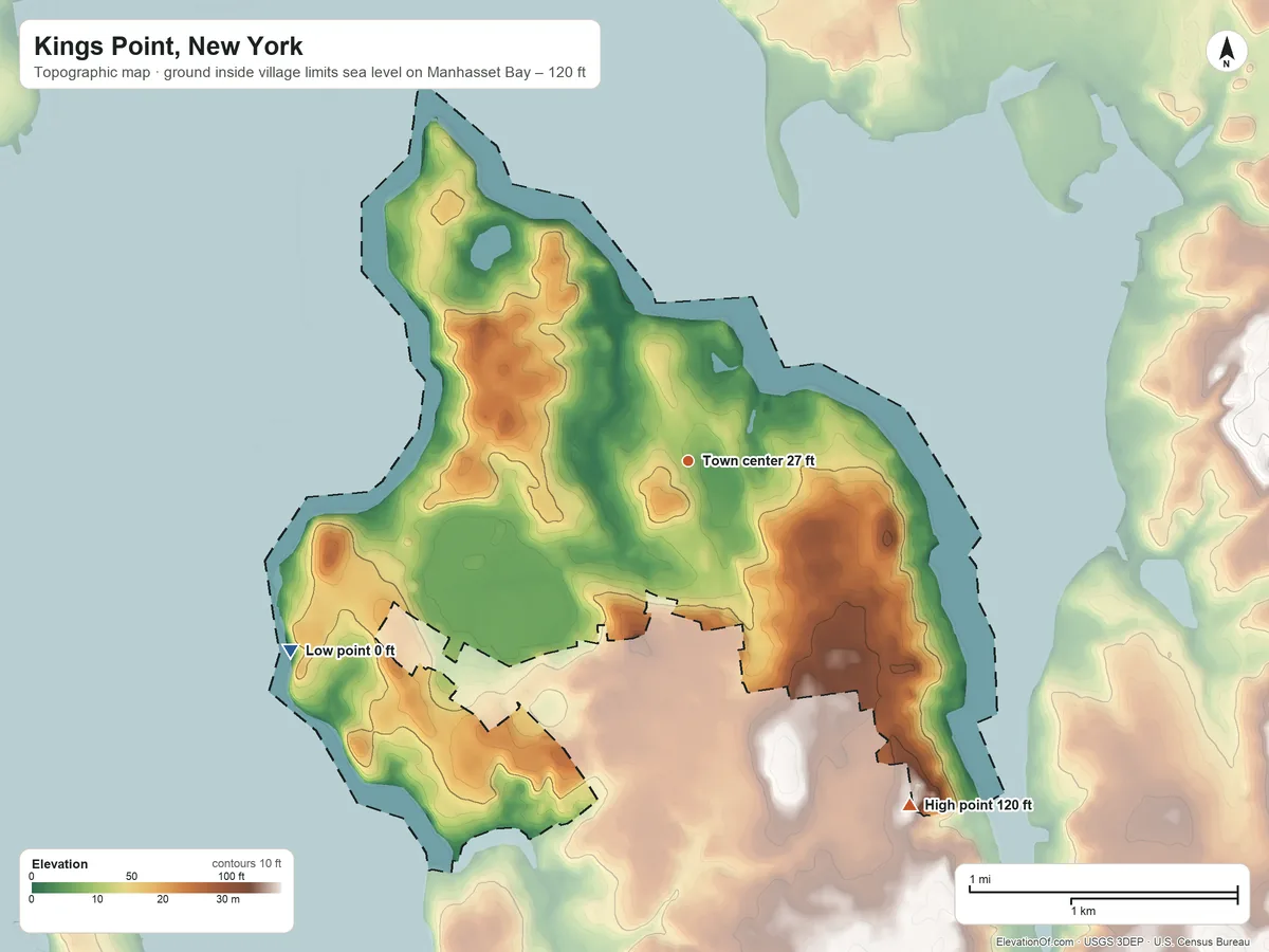Topographic elevation map of Kings Point, New York, shaded from sea level level on Manhasset Bay to 120 ft on the southeast side