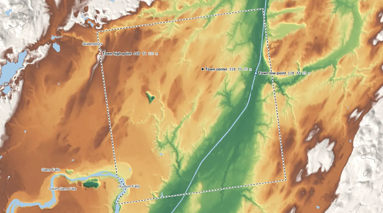 Topographic elevation map of Kingsbury, New York, shaded from 120 ft on the east side to 440 ft on the west side