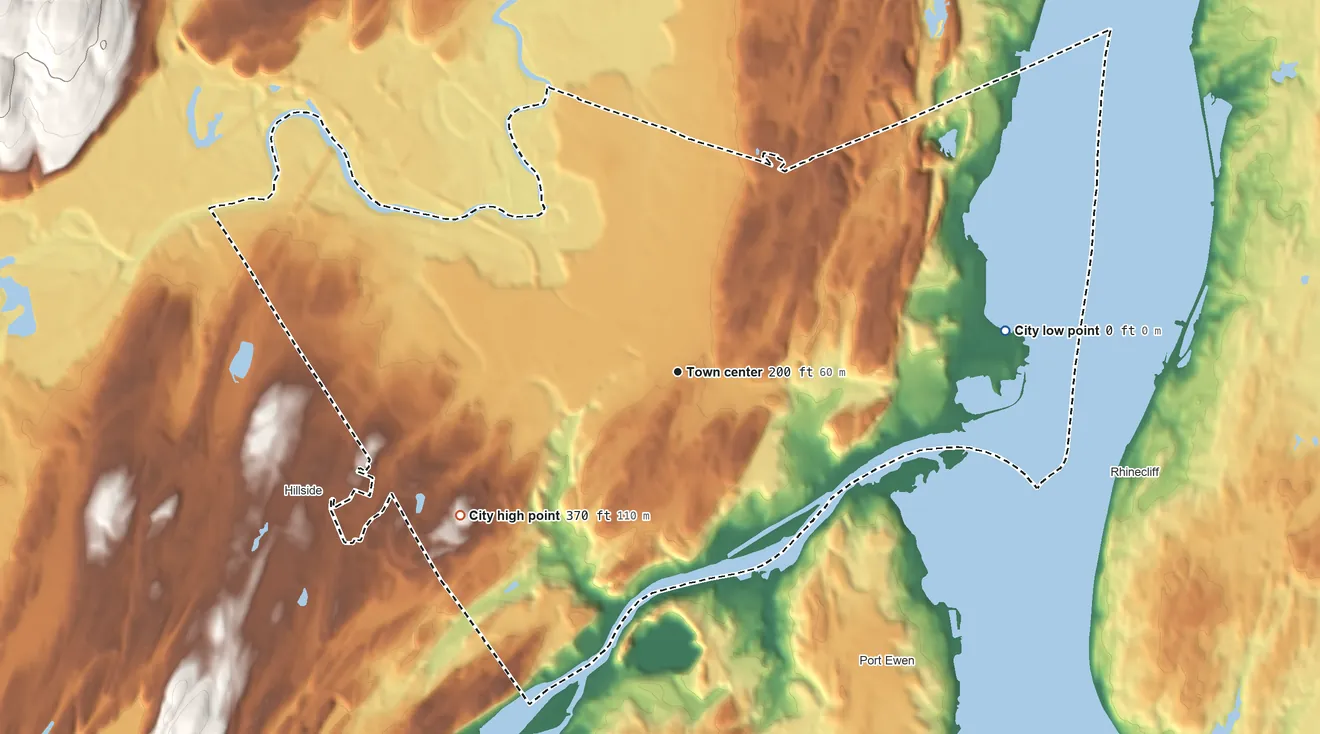 Topographic elevation map of Kingston, New York, shaded from 0 ft on the east side to 370 ft on Golden Hill