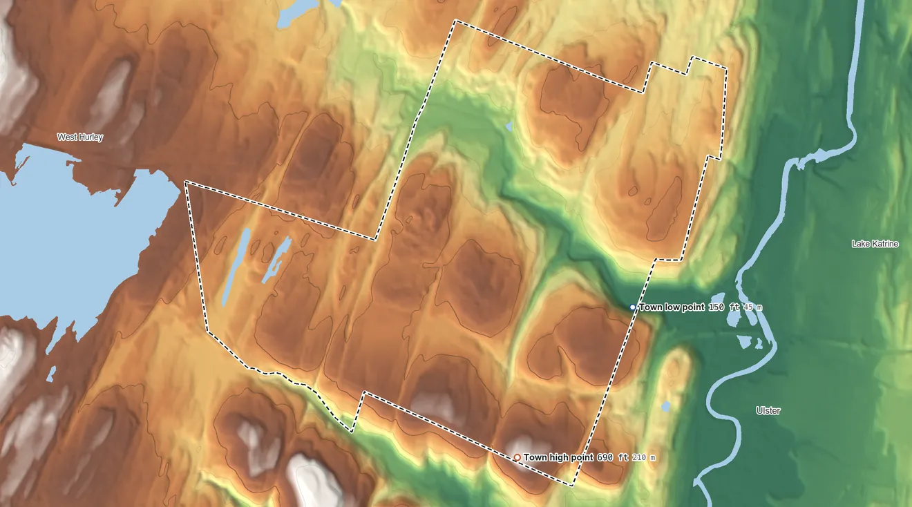 Topographic elevation map of Town of Kingston, New York, shaded from 150 ft on the southeast side to 690 ft on the south side