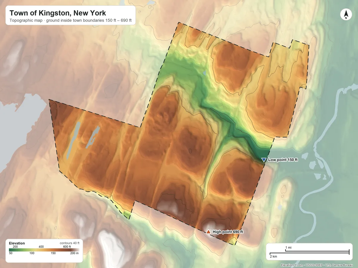 Topographic elevation map of Town of Kingston, New York, shaded from 150 ft on the southeast side to 690 ft on the south side