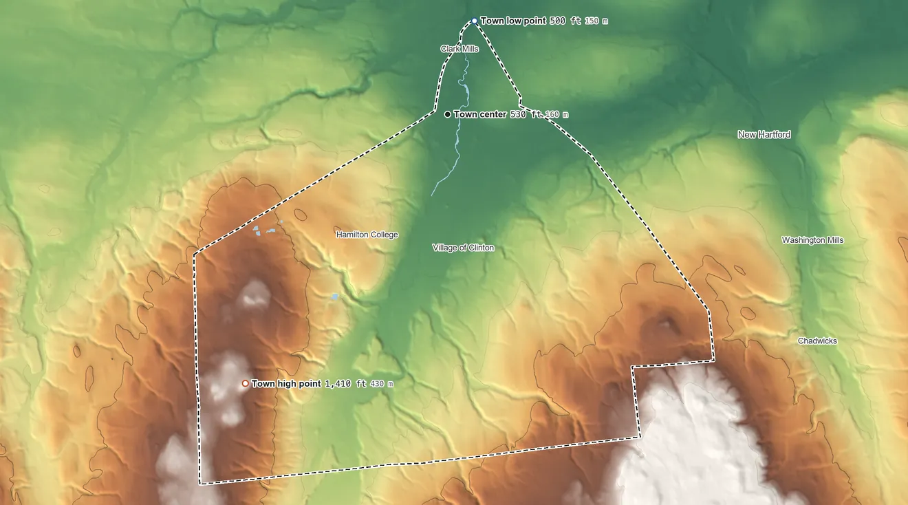 Topographic elevation map of Kirkland, New York, shaded from 500 ft on the north side to 1,410 ft on the southwest side