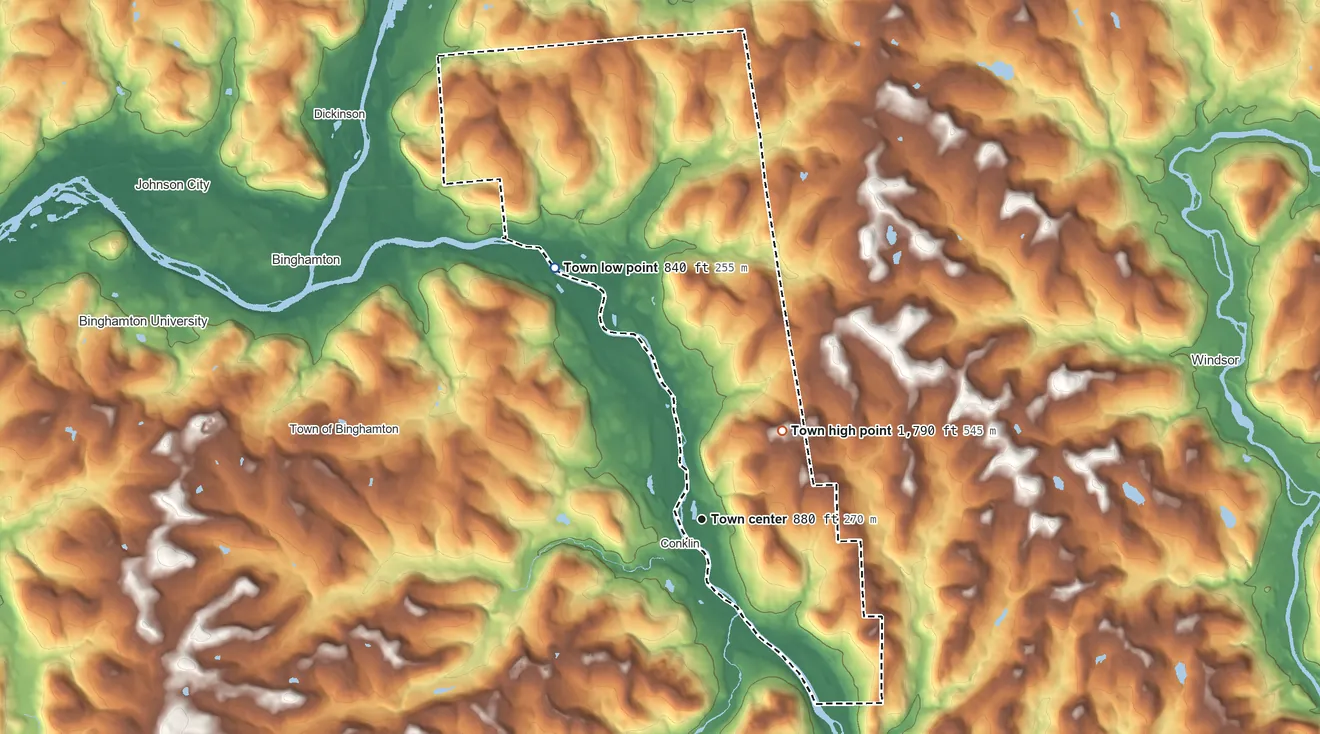 Topographic elevation map of Kirkwood, New York, shaded from 840 ft on the northwest side to 1,790 ft on the northeast side