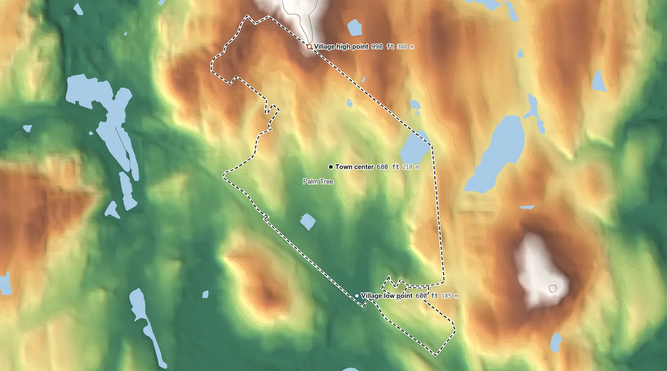 Topographic elevation map of Kiryas Joel, New York, shaded from 600 ft on the south side to 990 ft at the foot of the Warwick Mountain