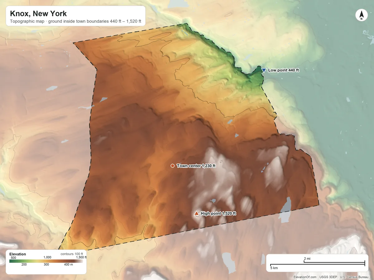 Topographic elevation map of Knox, New York, shaded from 440 ft on the northeast side to 1,520 ft on the southeast side