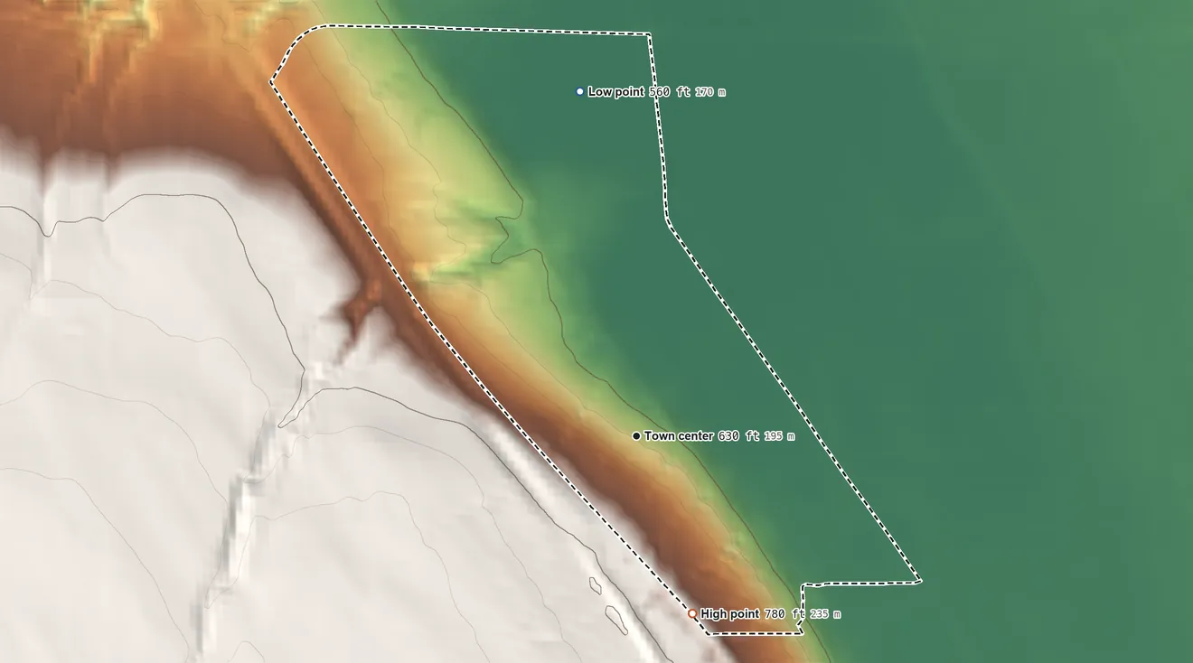 Topographic elevation map of Kysorville, New York, shaded from 560 ft on the north side to 780 ft on the south side