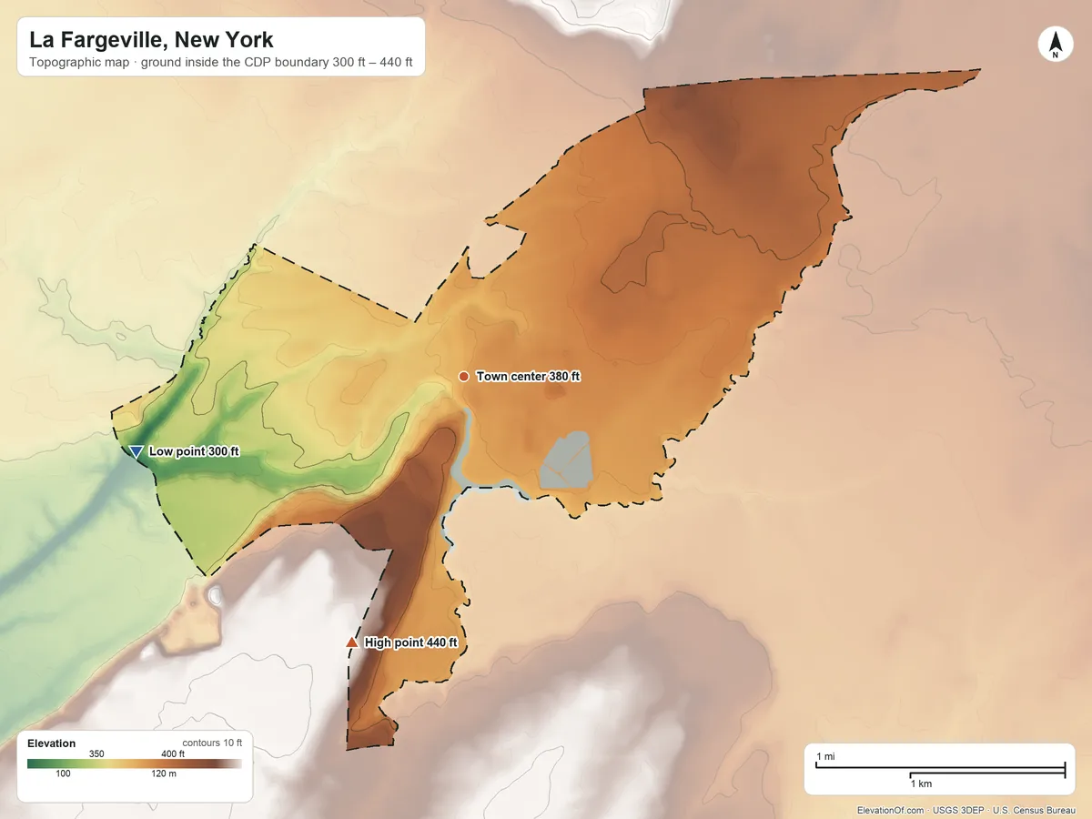 Topographic elevation map of La Fargeville, New York, shaded from 300 ft on the west side to 440 ft on the southwest side