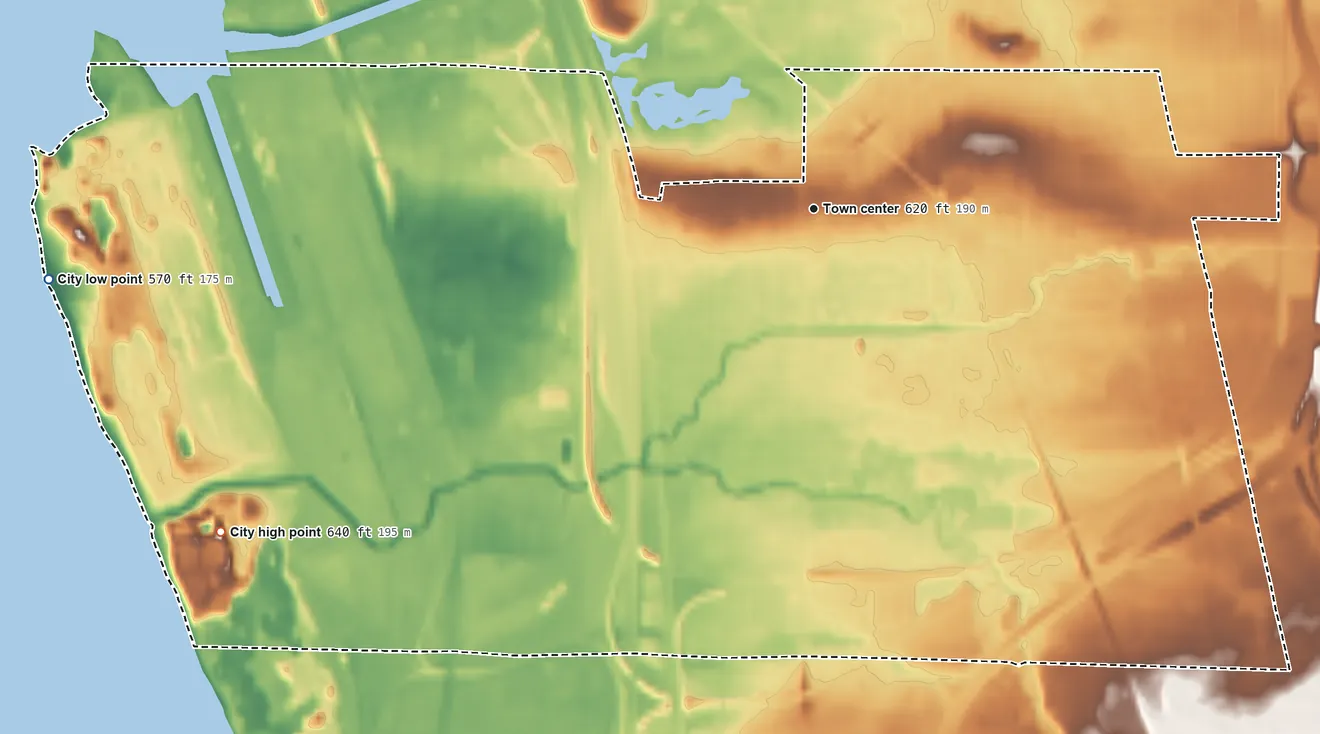 Topographic elevation map of Lackawanna, New York, shaded from 570 ft on the west side to 640 ft on the southwest side