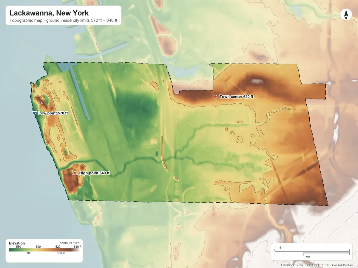 Topographic elevation map of Lackawanna, New York, shaded from 570 ft on the west side to 640 ft on the southwest side