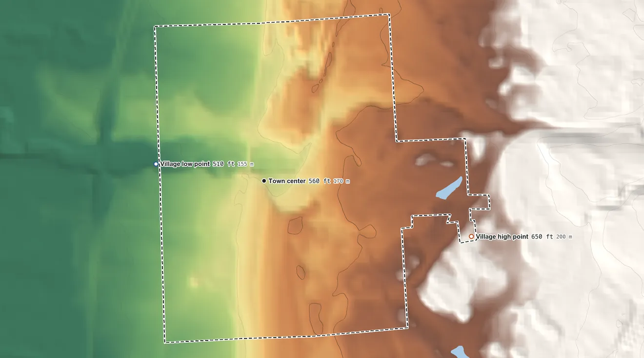 Topographic elevation map of Lacona, New York, shaded from 510 ft on the west side to 650 ft on the east side