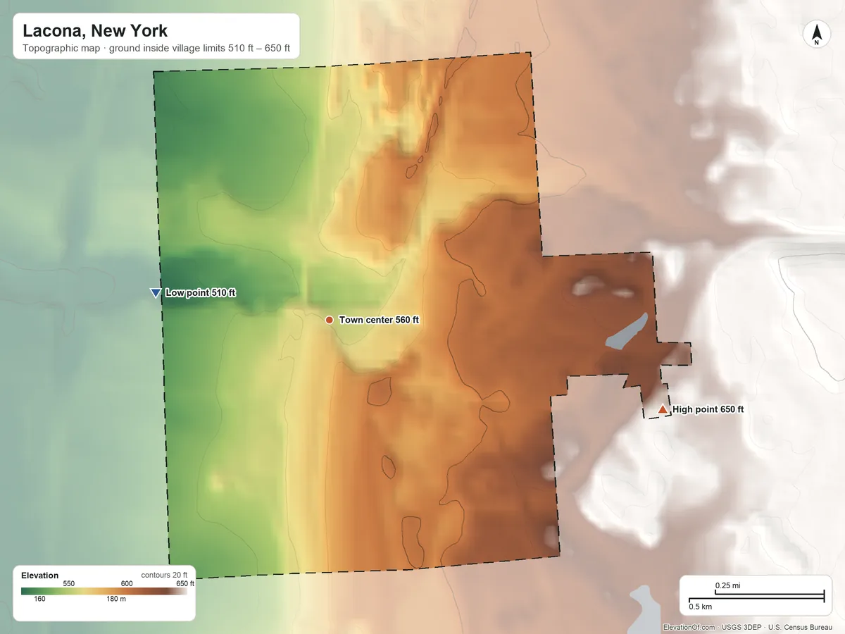 Topographic elevation map of Lacona, New York, shaded from 510 ft on the west side to 650 ft on the east side