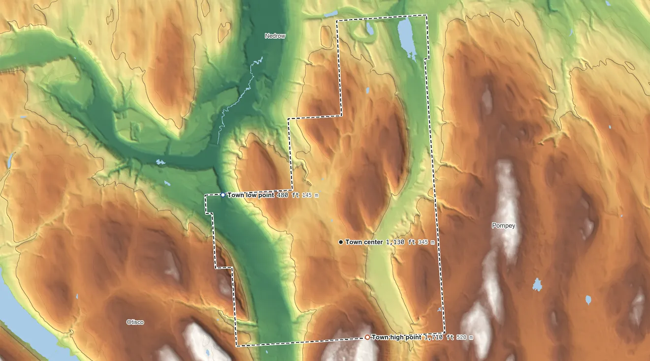 Topographic elevation map of LaFayette, New York, shaded from 480 ft on the west side to 1,710 ft on the south side