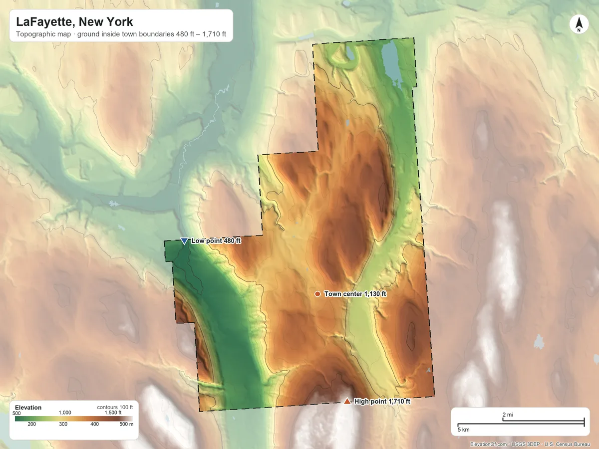 Topographic elevation map of LaFayette, New York, shaded from 480 ft on the west side to 1,710 ft on the south side