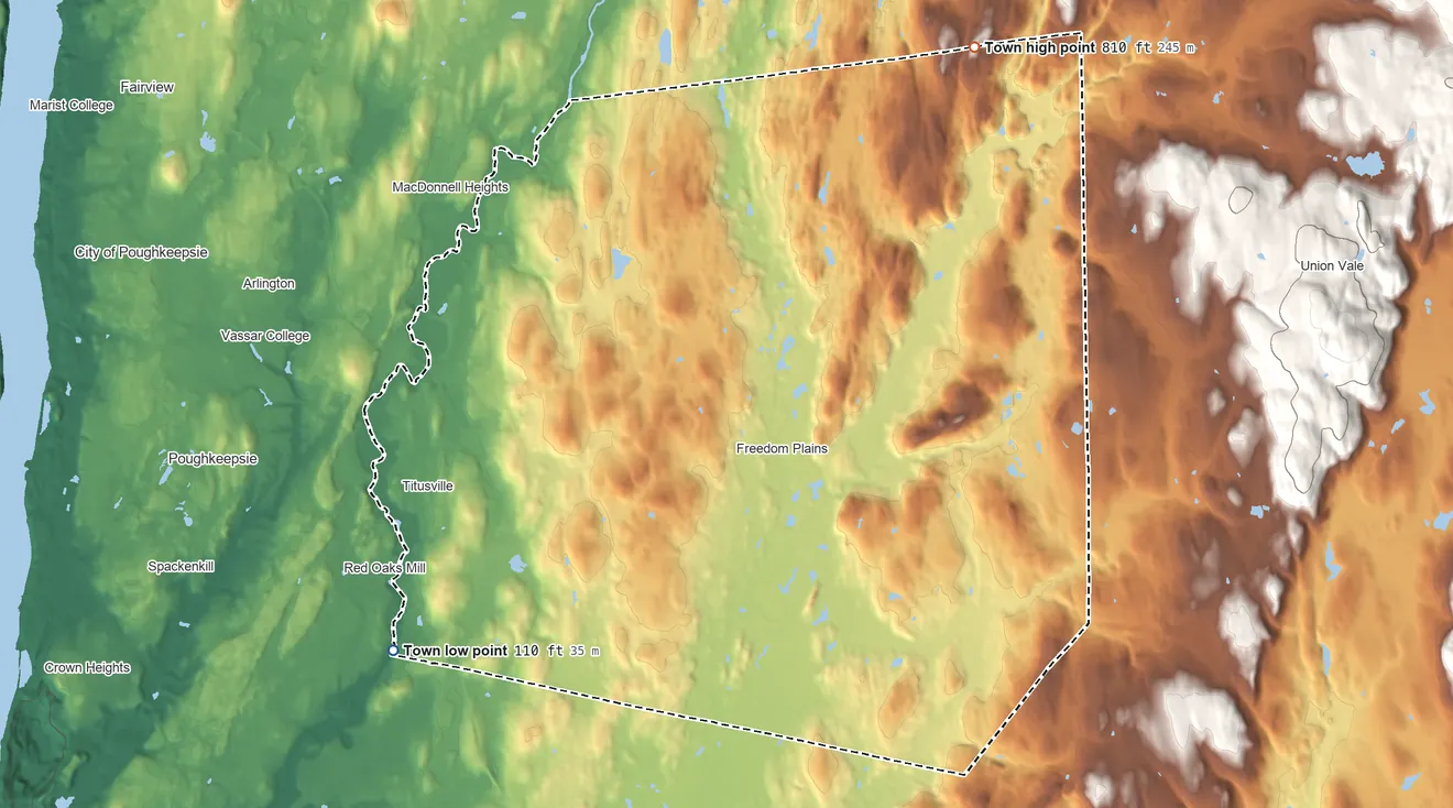 Topographic elevation map of LaGrange, New York, shaded from 110 ft on the southwest side to 810 ft on the northeast side