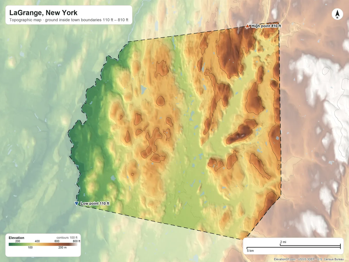 Topographic elevation map of LaGrange, New York, shaded from 110 ft on the southwest side to 810 ft on the northeast side