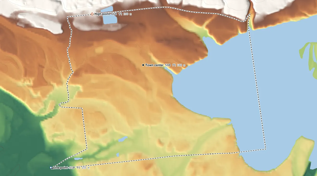 Topographic elevation map of Lake Delta, New York, shaded from 510 ft on the southwest side to 660 ft on the northwest edge, below higher ground just outside