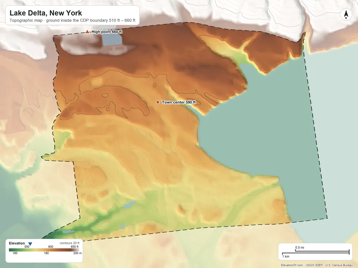 Topographic elevation map of Lake Delta, New York, shaded from 510 ft on the southwest side to 660 ft on the northwest edge, below higher ground just outside