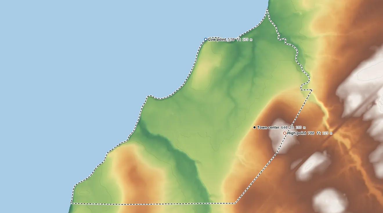 Topographic elevation map of Lake Erie Beach, New York, shaded from 570 ft on the northwest side to 700 ft near the middle