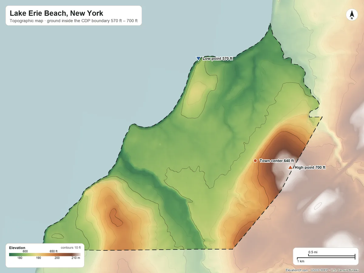 Topographic elevation map of Lake Erie Beach, New York, shaded from 570 ft on the northwest side to 700 ft near the middle