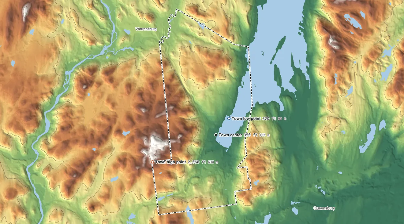 Topographic elevation map of Lake George, New York, shaded from 320 ft near the middle to 2,060 ft on the southwest side