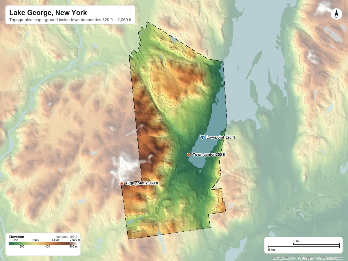 Topographic elevation map of Lake George, New York, shaded from 320 ft near the middle to 2,060 ft on the southwest side