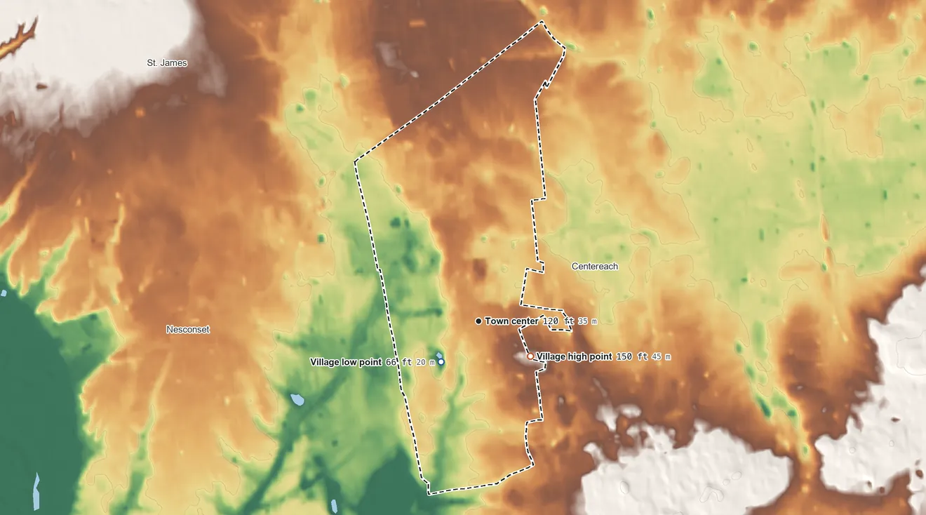 Topographic elevation map of Lake Grove, New York, shaded from 66 ft on the southwest side to 150 ft on the southeast side