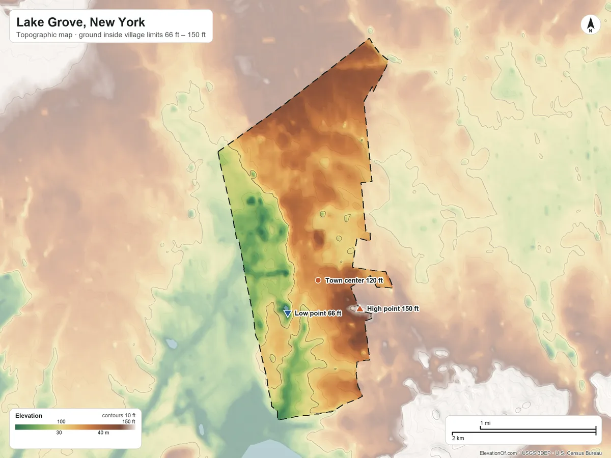 Topographic elevation map of Lake Grove, New York, shaded from 66 ft on the southwest side to 150 ft on the southeast side