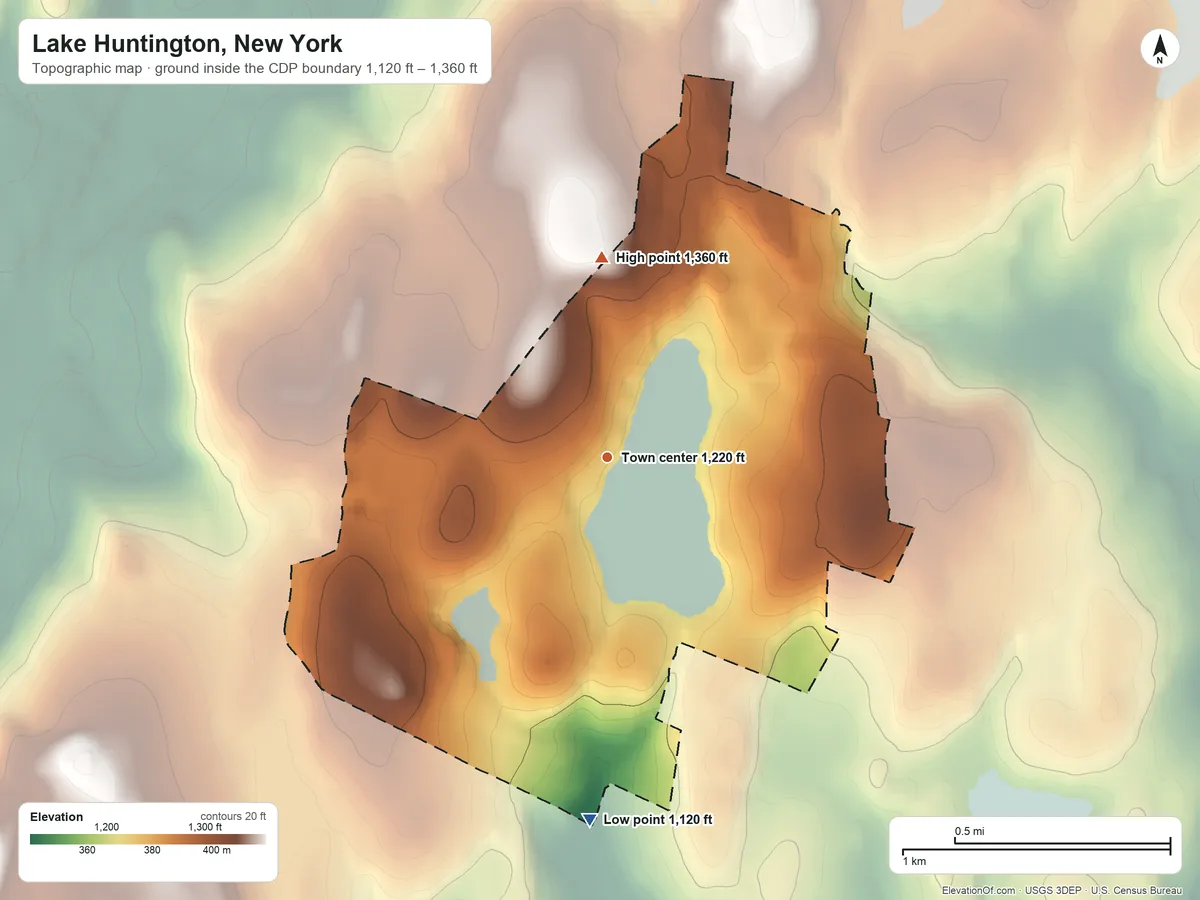 Topographic elevation map of Lake Huntington, New York, shaded from 1,120 ft on the south side to 1,360 ft on the north side