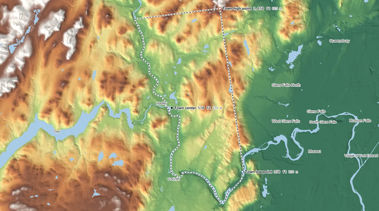 Topographic elevation map of Lake Luzerne, New York, shaded from 350 ft on the southeast side to 2,050 ft on the northeast side
