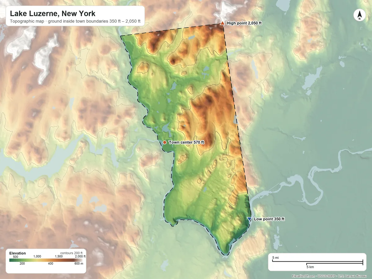 Topographic elevation map of Lake Luzerne, New York, shaded from 350 ft on the southeast side to 2,050 ft on the northeast side