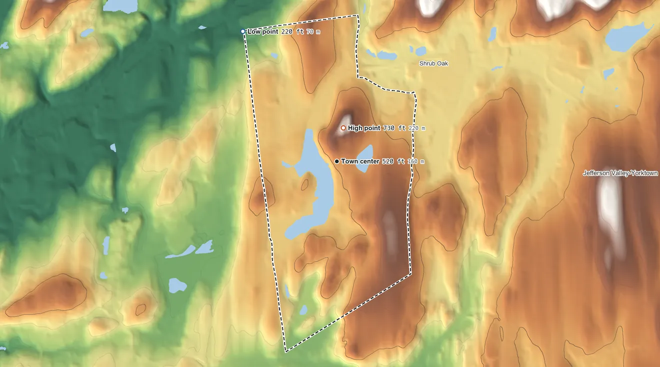 Topographic elevation map of Lake Mohegan, New York, shaded from 220 ft on the northwest side to 730 ft on Jones Hill