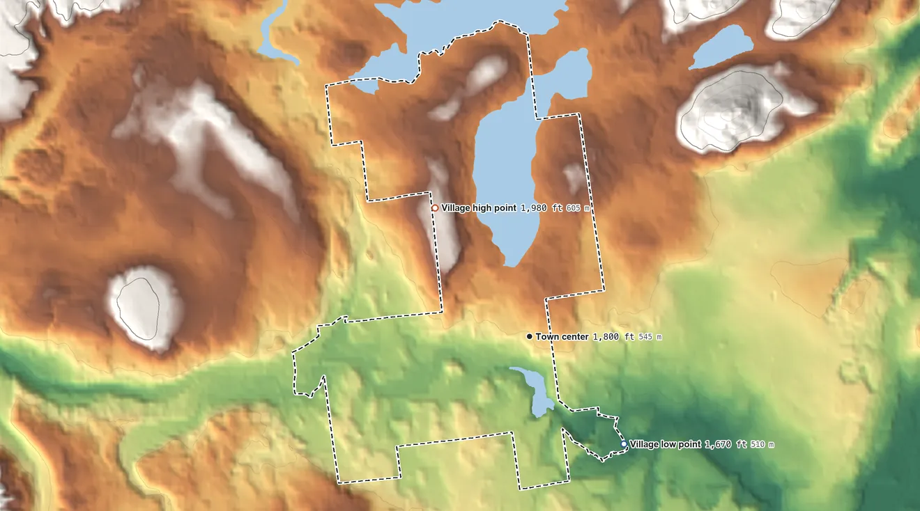 Topographic elevation map of Lake Placid, New York, shaded from 1,670 ft on the southeast side to 1,980 ft at the foot of the Sentinel Range