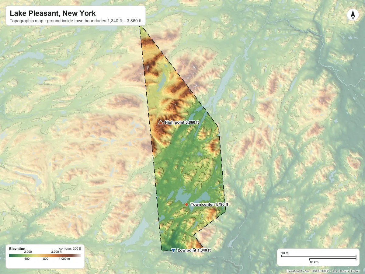 Topographic elevation map of Lake Pleasant, New York, shaded from 1,340 ft on the south side to 3,860 ft on Blue Ridge