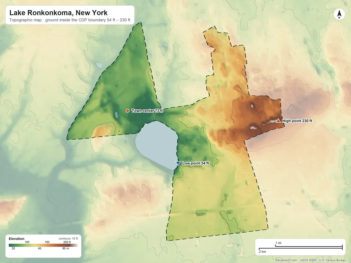 Topographic elevation map of Lake Ronkonkoma, New York, shaded from 54 ft on the southeast side to 230 ft on the east side