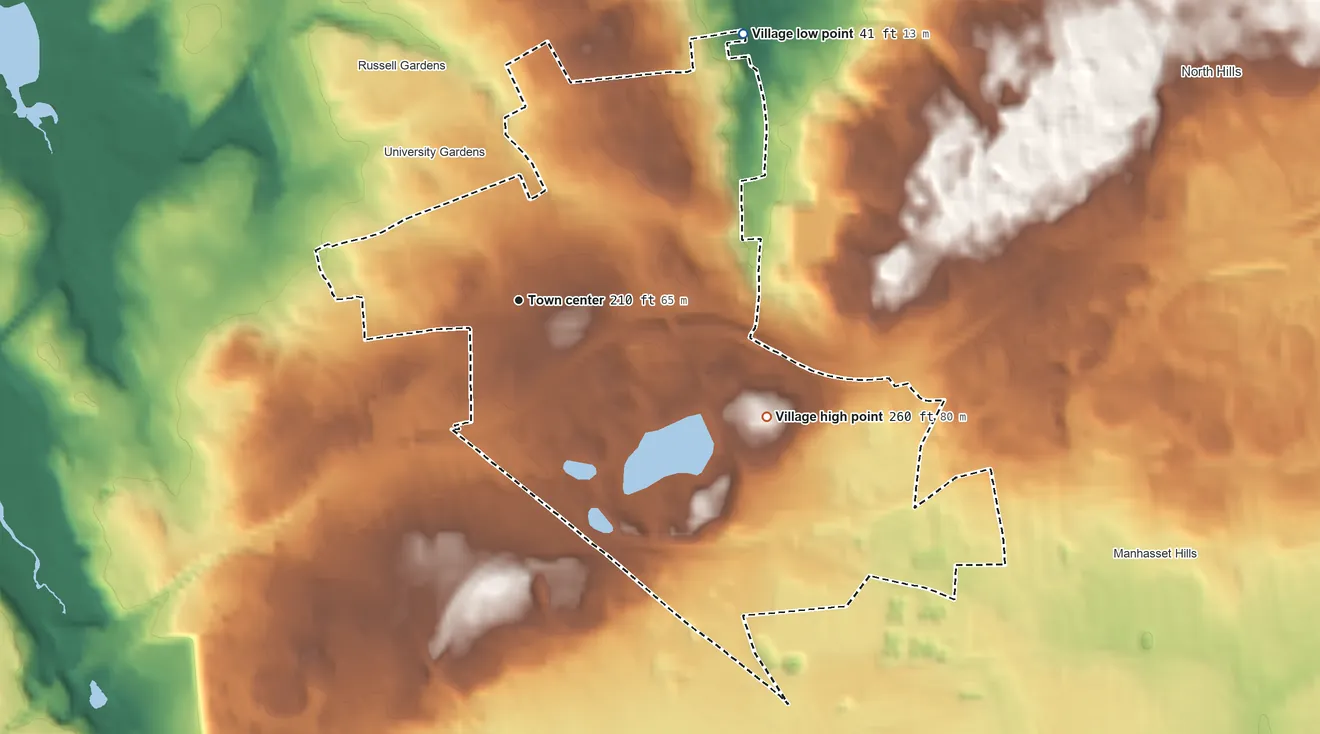 Topographic elevation map of Lake Success, New York, shaded from 41 ft on the northeast side to 260 ft on the southeast side