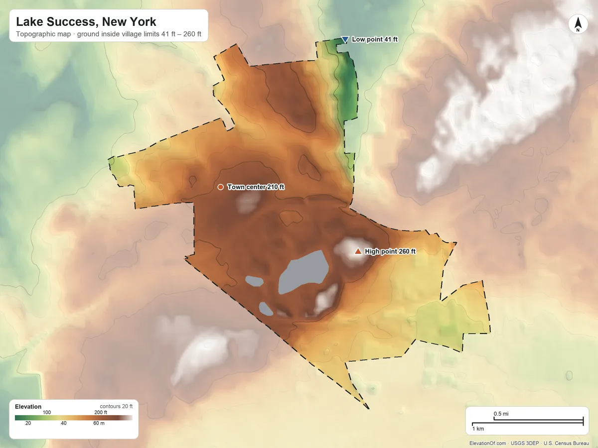 Topographic elevation map of Lake Success, New York, shaded from 41 ft on the northeast side to 260 ft on the southeast side