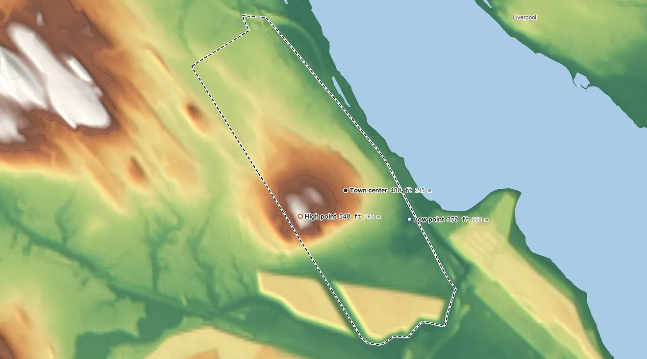Topographic elevation map of Lakeland, New York, shaded from 370 ft on the southeast side to 540 ft on the southwest side